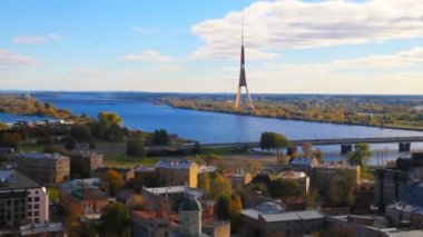 Havadan görünümü Merkezi Riga, Riga pazar ve Kulesi, Riga, Letonya.