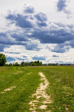 Köy yolunda ve bir bulut bulutlar gökyüzünde. Kırsal manzara