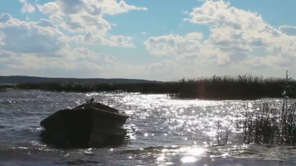 Una barca da pesca oscilla sulle onde. Brillante bagliore di luce sull'acqua — Video Stock