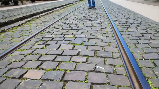The man walks the pavement from the paving stones, along the tram tracks — Stock Video