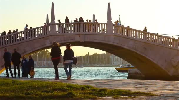 Veneza Itália Outubro 2017 Pessoas Caminham Longo Ponte Pedonal Através — Vídeo de Stock