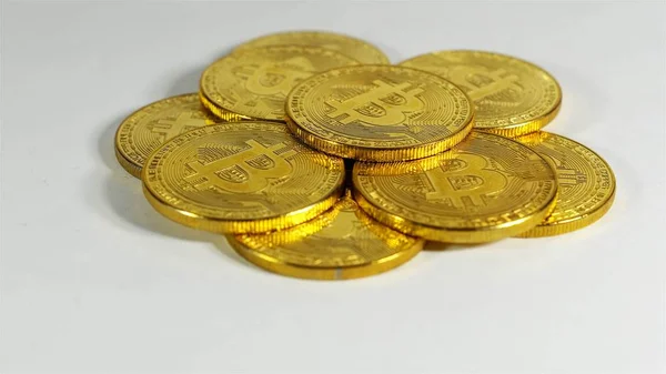 Rotating Stack Of Gold Bitcoins On Turntable — Stock Photo, Image