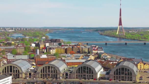 Beautiful view of the city of Riga, Latvia. View of the Old Market, the River Daugava and the TV Tower — Stock Video