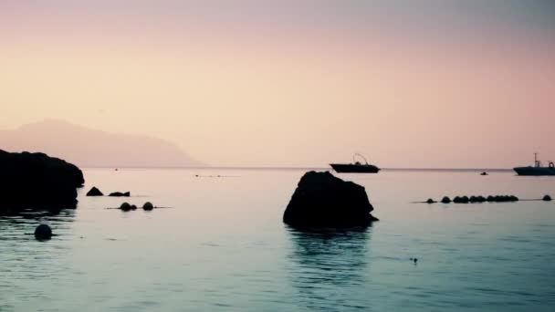 진정 바다에. 잔잔한 바다와 핑크 하늘, 아름 다운 자연 풍경 — 비디오