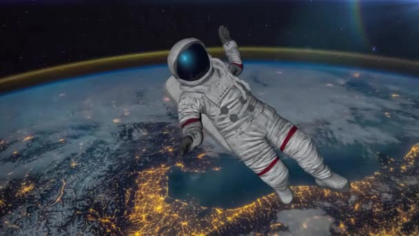 O astronauta atinge o planeta Terra. Elementos deste vídeo Mobiliado por Nasa. Renderização 3D — Vídeo de Stock