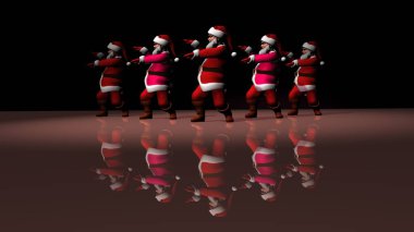 Kırmızı elbiseli beş neşeli Noel Baba dans ediyor. 3d oluşturma