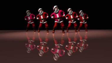 Kırmızı elbiseli beş neşeli Noel Baba dans ediyor. 3d oluşturma
