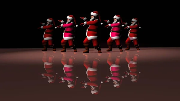 Öt vidám Mikulás piros ruhában táncol. 3D-s renderelés — Stock Fotó