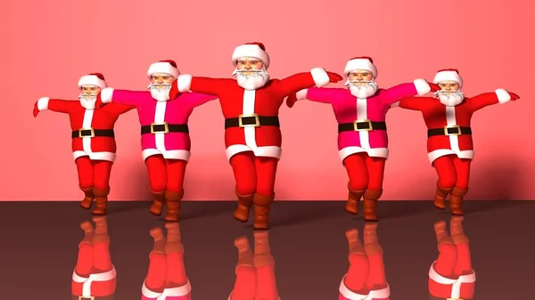 Fünf fröhliche Weihnachtsmänner im roten Anzug tanzen. 3D-Darstellung — Stockfoto