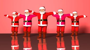 Kırmızı elbiseli beş neşeli Noel Baba dans ediyor. 3d oluşturma