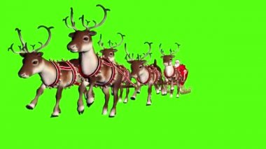 Noel Baba, geyik tarafından çekilen bir kızakta hediyeler taşıyor. Yeşil arkaplanda döngü videosu