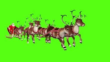 Noel Baba, geyik tarafından çekilen bir kızakta hediyeler taşıyor. Yeşil arkaplanda döngü videosu