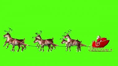 Noel Baba, geyik tarafından çekilen bir kızakta hediyeler taşıyor. Yeşil arkaplanda döngü videosu