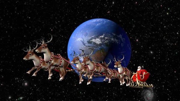 Ο Άγιος Βασίλης κουβαλάει δώρα σε έλκηθρο που τραβάει ελάφια. Φανταστική πτήση γύρω από τη Γη — Φωτογραφία Αρχείου