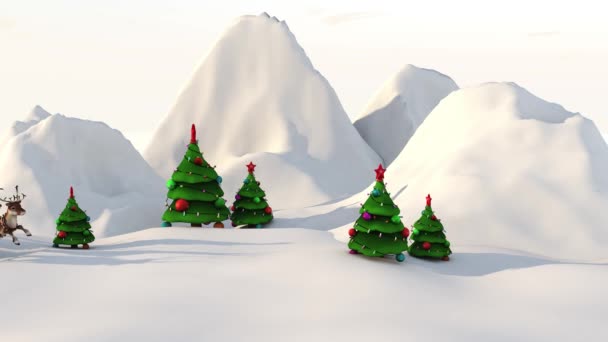 Le Père Noël porte des cadeaux sur un traîneau tiré par des cerfs. Boucle vidéo sur fond vert 