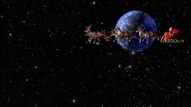 サンタクロースは鹿に引かれたそりで贈り物を運ぶ 地球の周りの素晴らしい飛行 — ストック動画