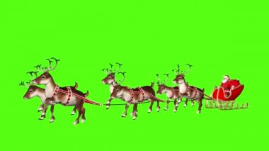 Noel Baba, geyik tarafından çekilen bir kızakta hediyeler taşıyor. Yeşil arkaplanda döngü videosu