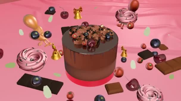 Birthday cake and birthday presents. 3D rendering — Stock Video