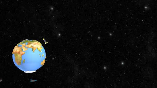 Rakiety latają wokół planety Ziemia. 3d renderowanie — Wideo stockowe