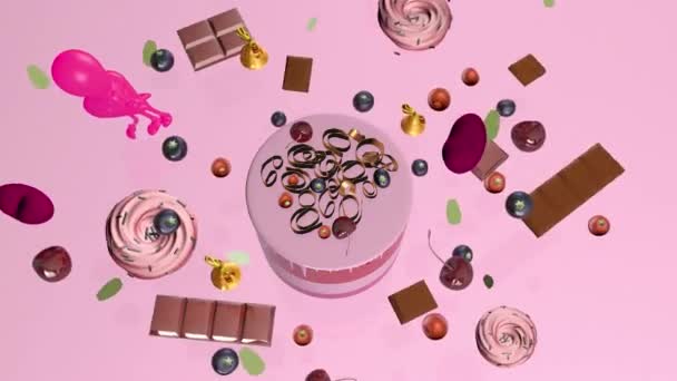 誕生日ケーキと誕生日プレゼント。3Dレンダリング — ストック動画