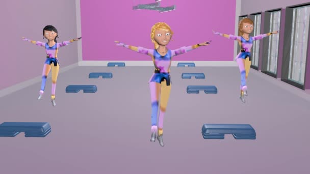 Girls are engaged in aerobics in the gym. 3D rendering — Stock Video