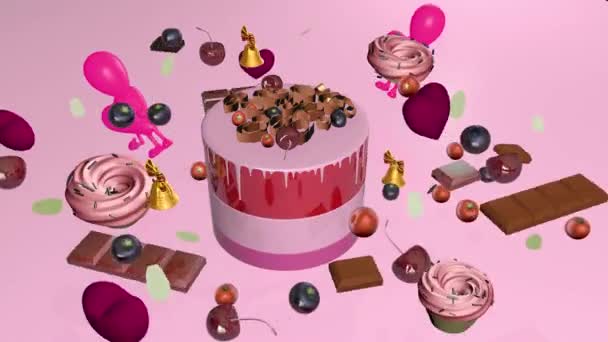 Торт на день народження та подарунки на день народження. 3D візуалізація — стокове відео