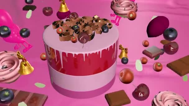 Bolo de aniversário e presentes de aniversário. Renderização 3D — Vídeo de Stock