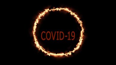 Dikkatli metin Covid 19, metin animasyonu Covid 19 karanlık bir arkaplan üzerinde neon daireler