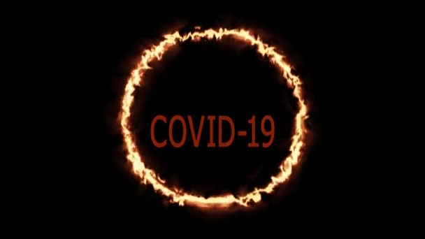 Text carefully Covid 19, animation of text Covid 19 on a dark background with neon circles — Stock Video