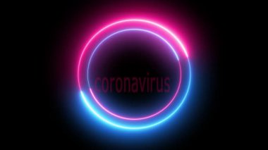 metin uyarı koronavirüsü, metin animasyon koronavirüsü koyu arkaplan üzerinde neon halkalar ile