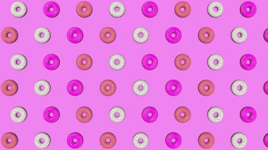 Soyut renkli animasyon, parlak donutların arka planı. 3B görüntüleme.