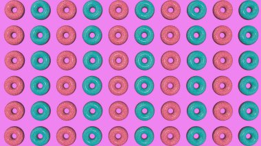 Soyut renkli animasyon, parlak donutların arka planı. 3B görüntüleme.