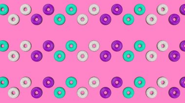 Soyut renkli animasyon, parlak donutların arka planı. 3B görüntüleme.