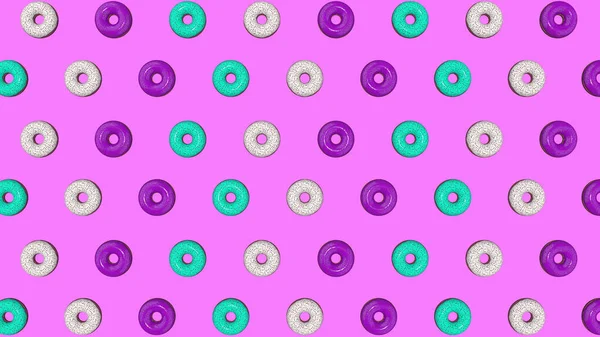 Abstract colorful animation, background of bright donuts. 3D rendering.