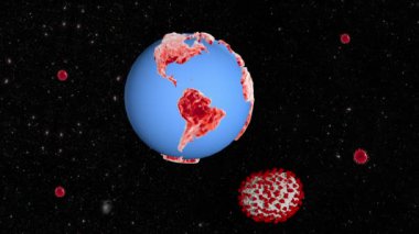 Animasyon koronavirüs modeli Covid 19, metin uyarı koronavirüsü, 3D görüntüleme
