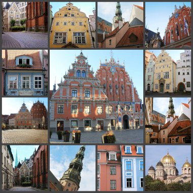 Güzel Riga, Letonya, eski şehir manzarası, kolaj.