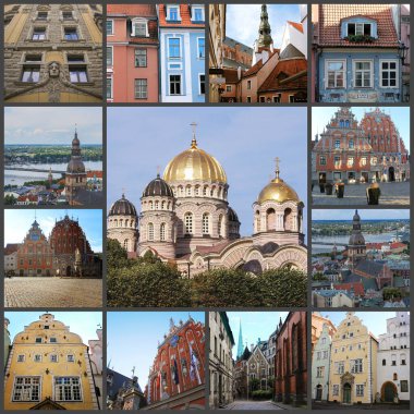 Güzel Riga, Letonya, eski şehir manzarası, kolaj.