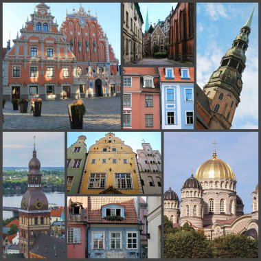 Güzel Riga, Letonya, eski şehir manzarası, kolaj.