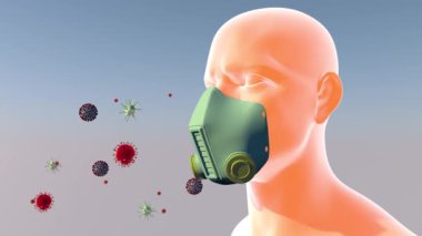 Koruyucu maskeli bir adam, virüslere karşı koruma. 3B görüntüleme