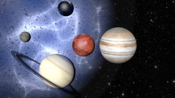 Desfile de planetas y una misteriosa nebulosa. Renderizado 3D — Vídeos de Stock