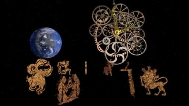 Zodiac yıldız falı, 12 burç ve bir saat mekanizması. 3B görüntüleme