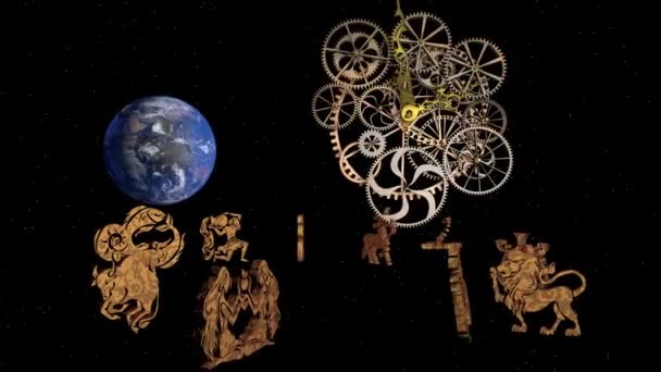 Зодиакальный гороскоп, 12 знаков зодиака и часовой механизм. 3D рендеринг — стоковое видео