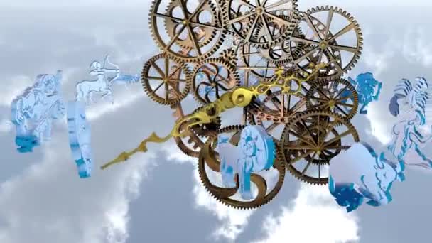 Zodiac horoscope, 12 zodiac signs and a clockwork. 3D rendering — Stock Video