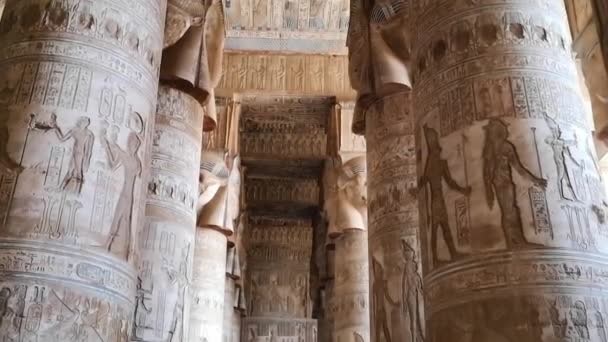 Vacker interiör i templet Dendera eller templet Hathor. Egypten, Dendera, forntida egyptiska templet nära staden Ken. — Stockvideo