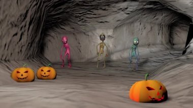 Çok renkli çizgi film zombileriyle dolu bir mağara. 3B görüntüleme