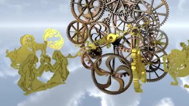 Zodiac yıldız falı, 12 burç ve bir saat mekanizması. 3B görüntüleme