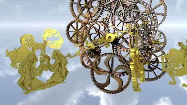 Tierkreiszeichen Horoskop, 12 Tierkreiszeichen und ein Uhrwerk. 3D-Rendering — Stockvideo