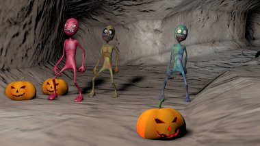 Çok renkli çizgi film zombileriyle dolu bir mağara. 3B görüntüleme.