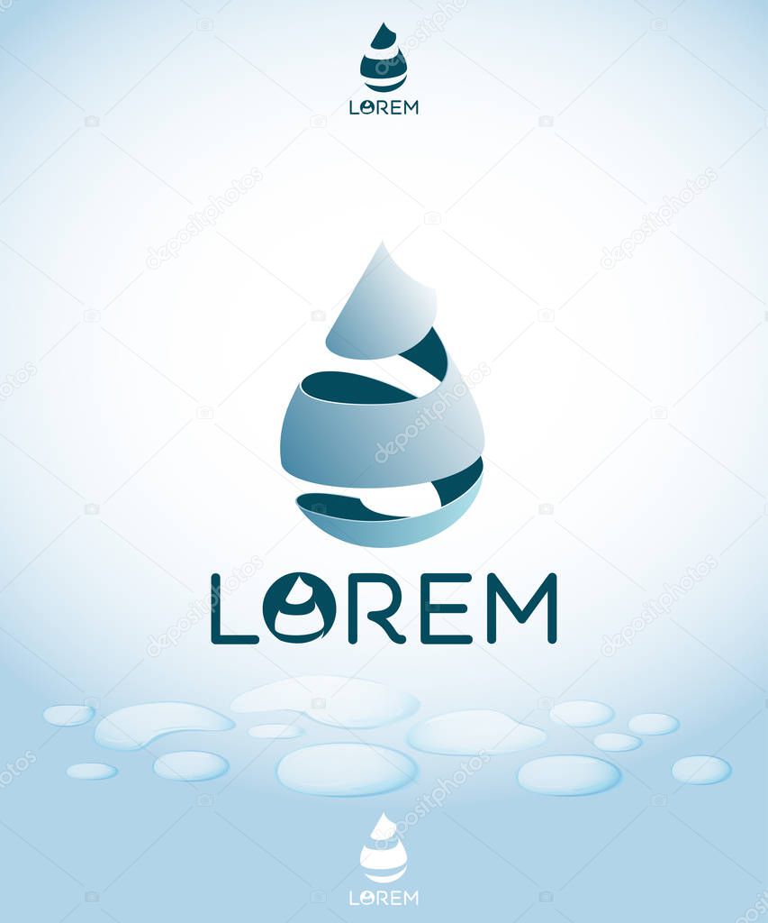 Spiral drop emblem, water logo, swirl waterdrop 3d concept, vector illustration
