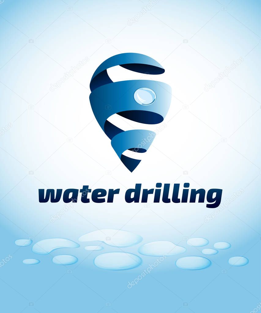 Water drilling emblem, swirl drop logo, vector illustration